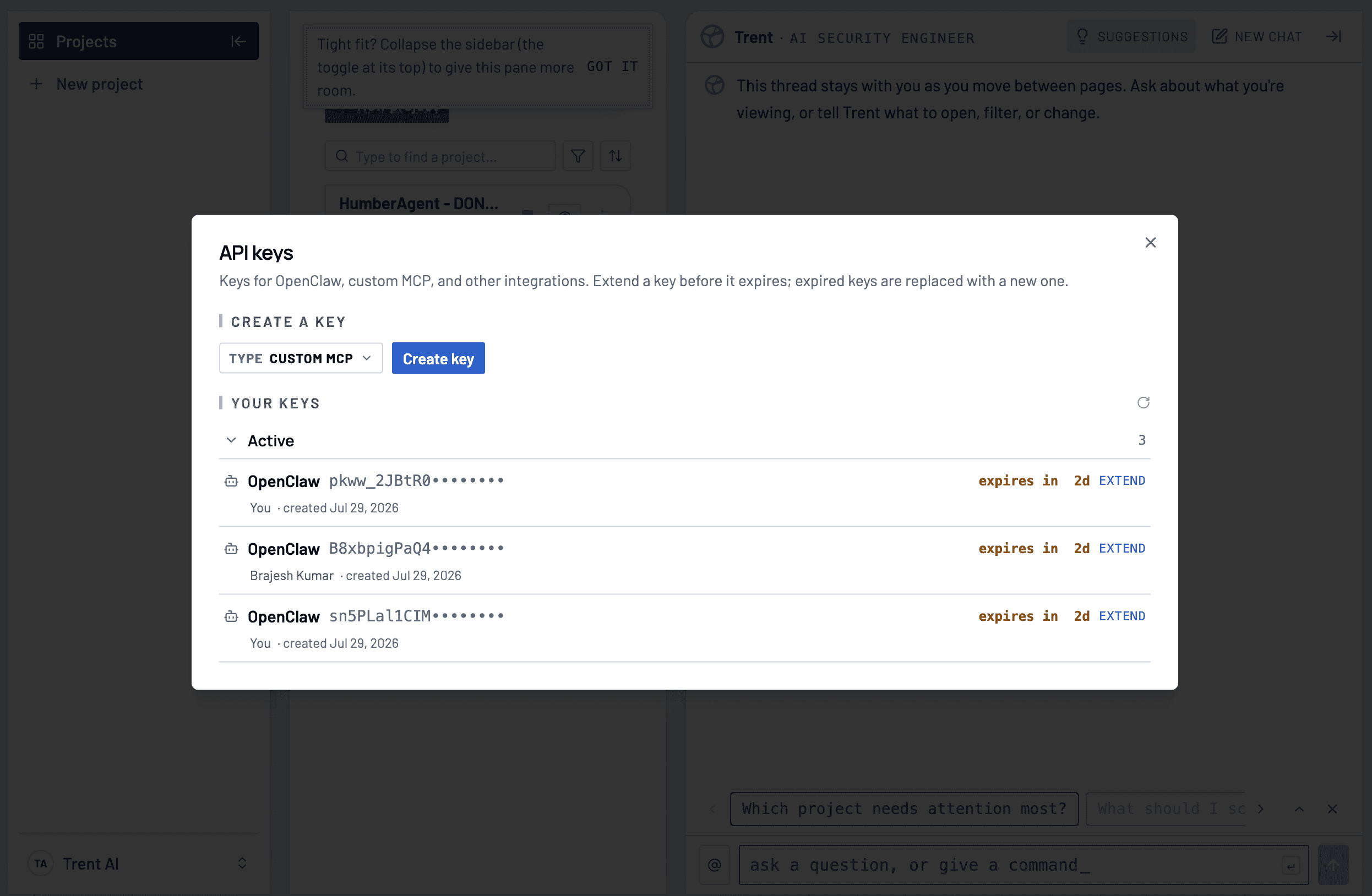 API keys dialog listing active OpenClaw keys for two members, with expiry dates, an Extend action, and a Create a key section.