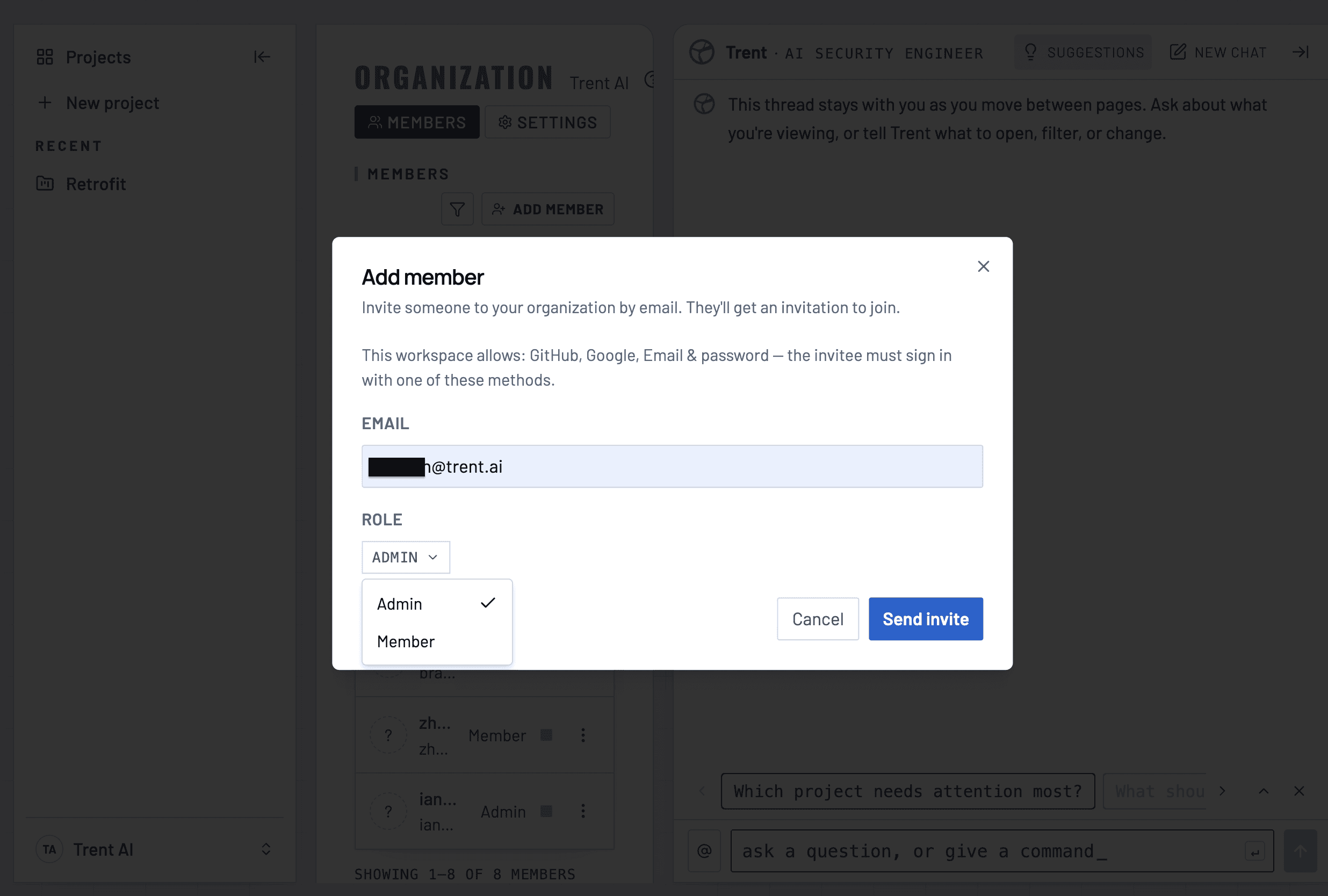 Add member dialog with an email field, a role selector showing Admin and Member options, and a Send invite button.