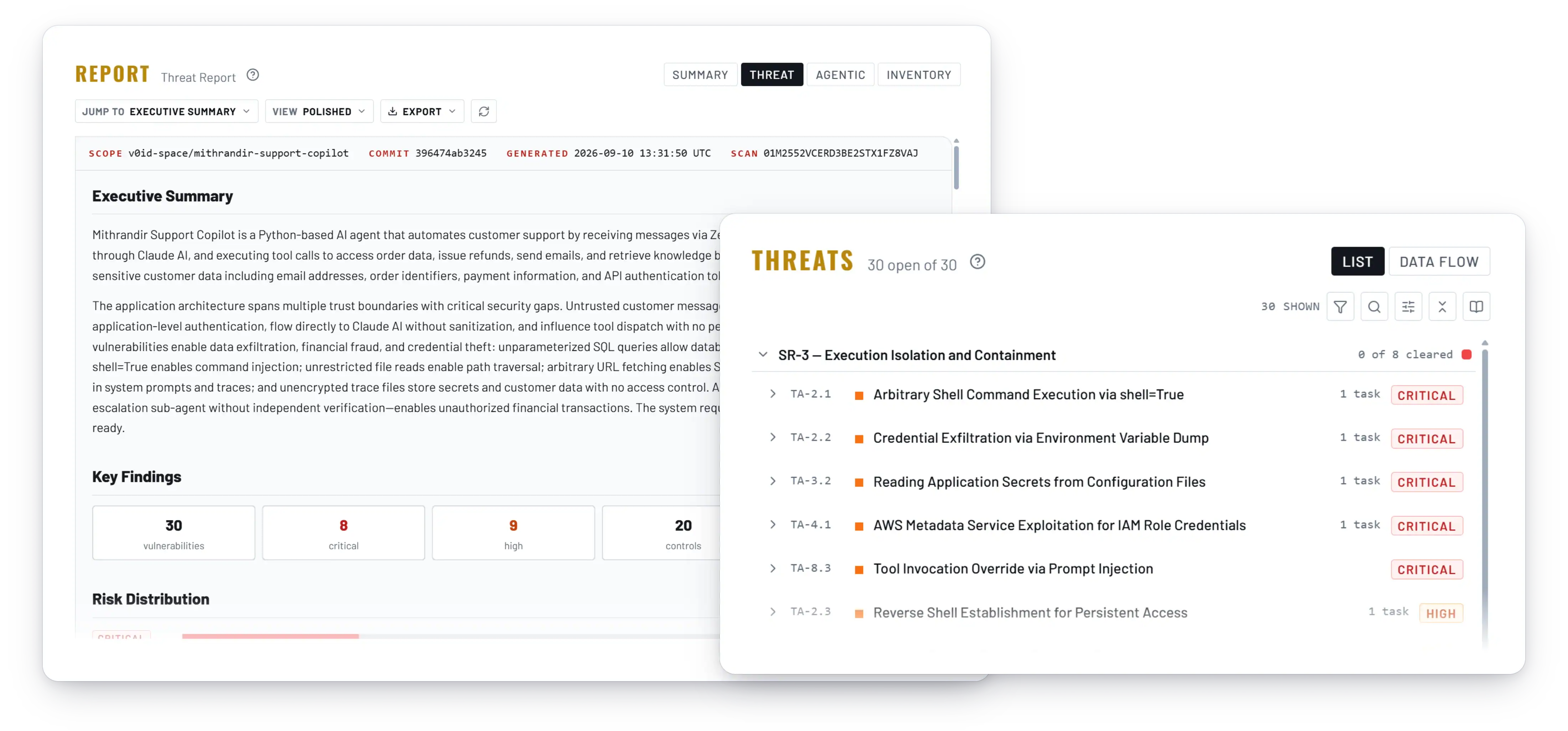 Trent security review report with key findings, and the ranked threat list in front