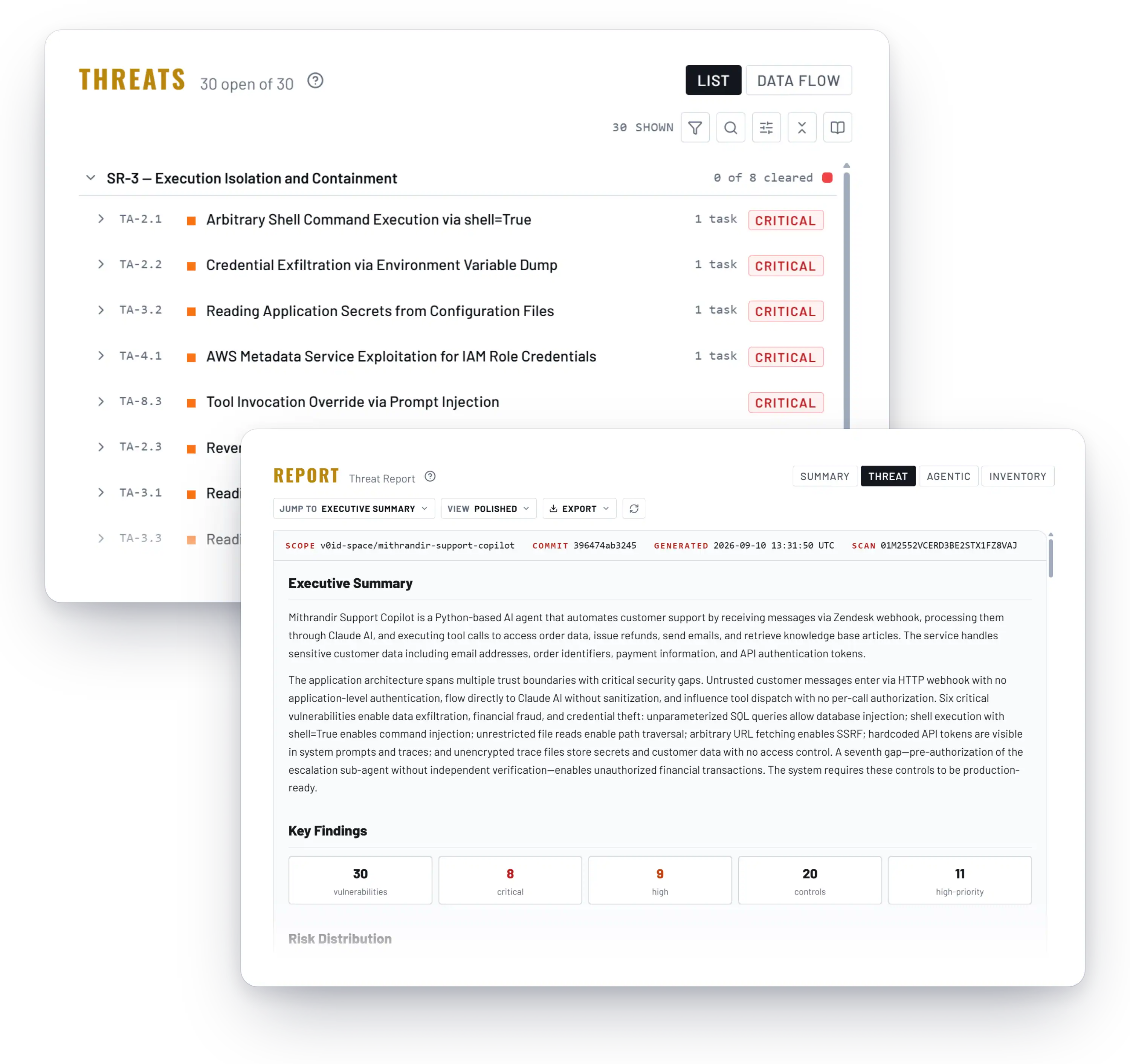 Trent Threats list ranking findings by Critical and High severity, with the threat report summary showing 30 vulnerabilities, 8 critical and 9 high