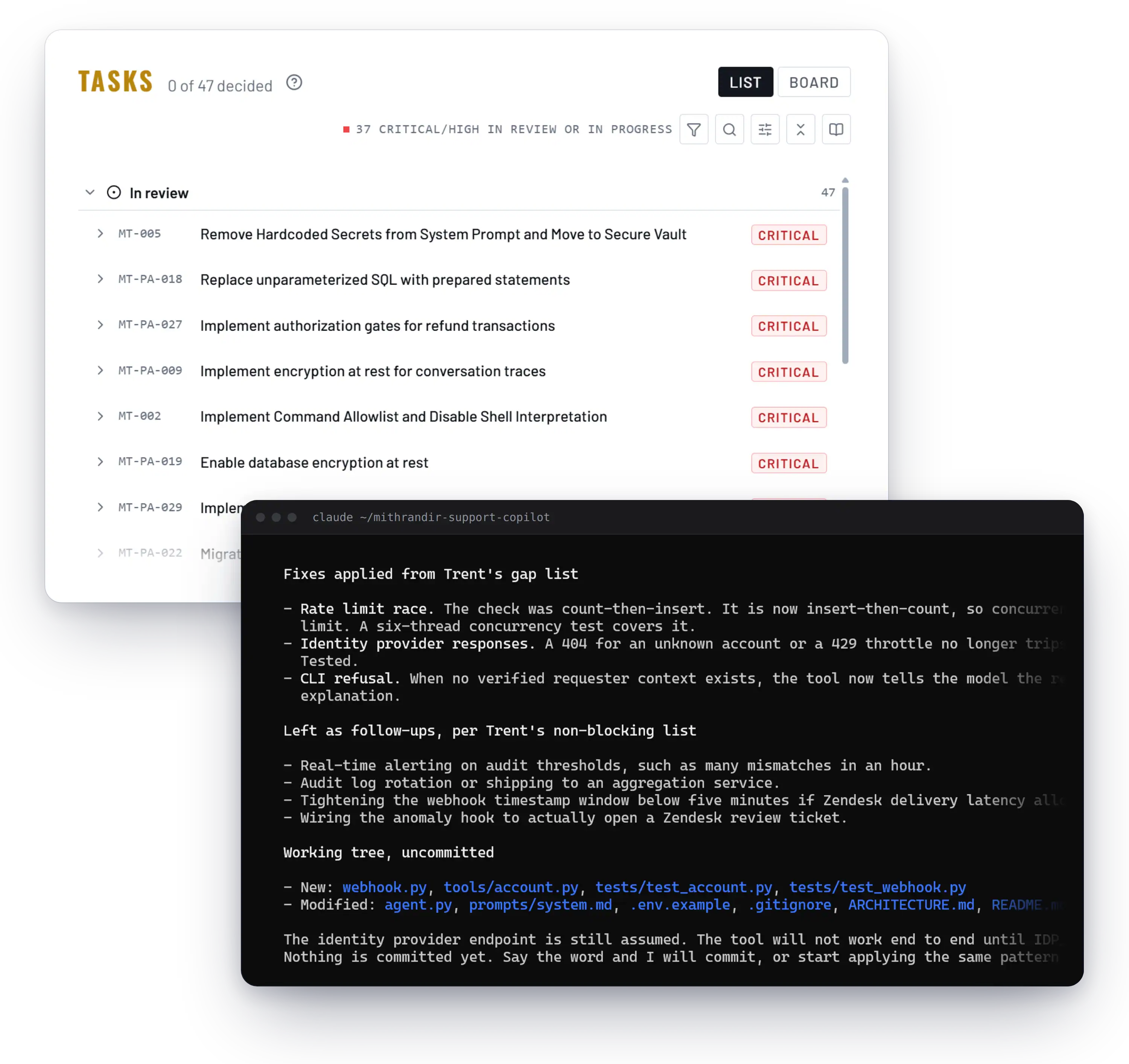 Trent remediation tasks in review beside a Claude Code terminal listing the fixes applied from Trent's plan and the files changed