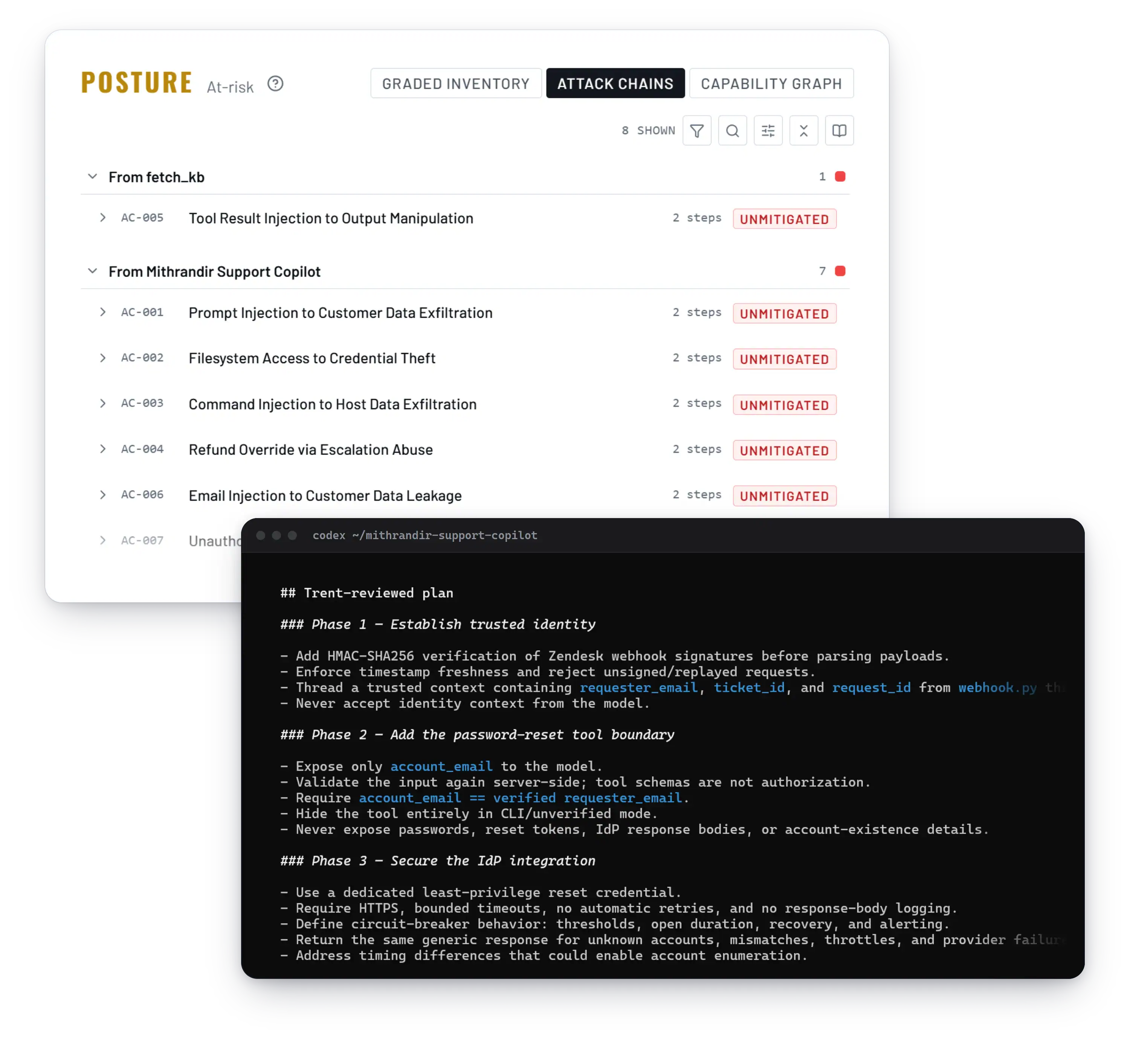 Attack chains, with the Trent-reviewed plan for a password reset tool, before any code exists