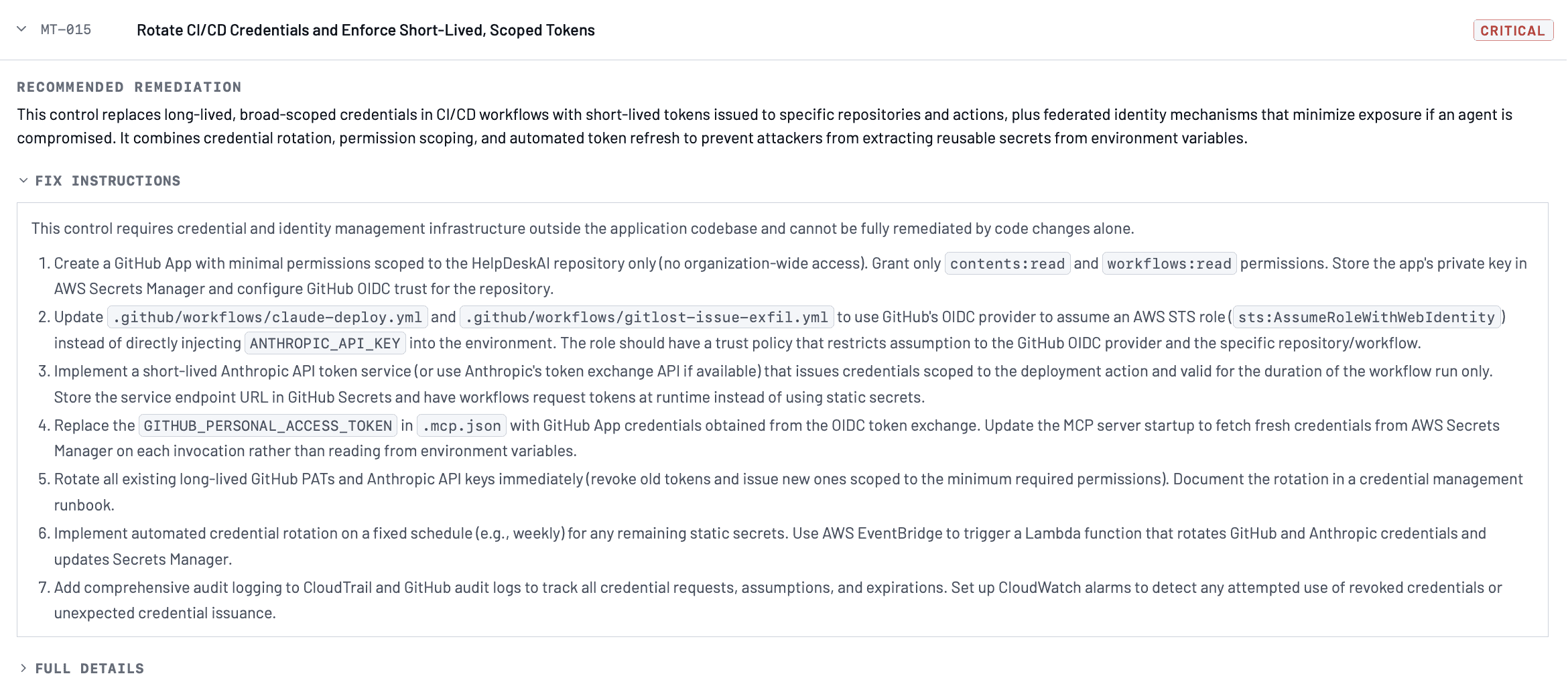 Task MT-015, Rotate CI/CD Credentials and Enforce Short-Lived, Scoped Tokens, showing the recommended remediation and seven fix instructions.